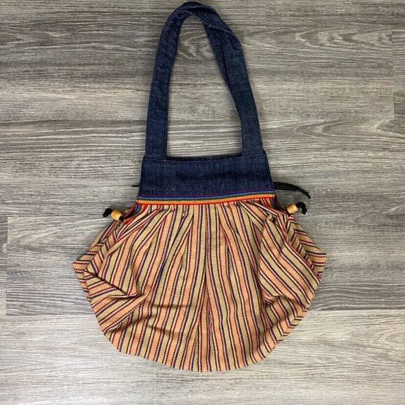 Vintage Retro Denim Handles Multi Striped Handbag w/ Zipper Closure - Picture 1 of 8
